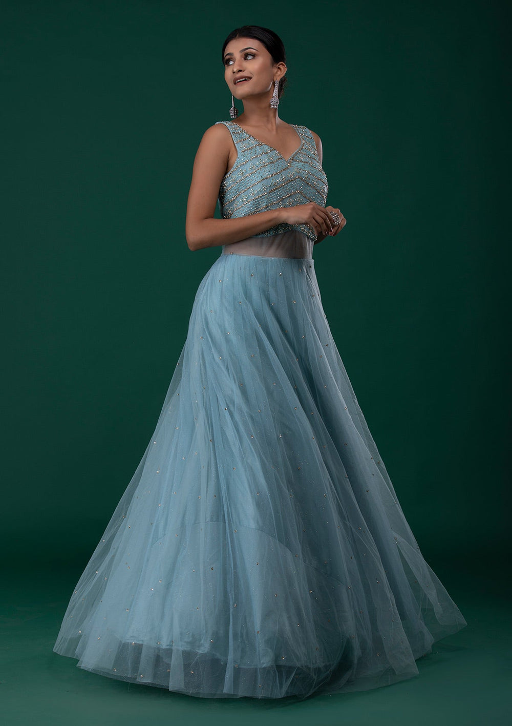 Sea Green Stonework Net Designer Gown-Koskii