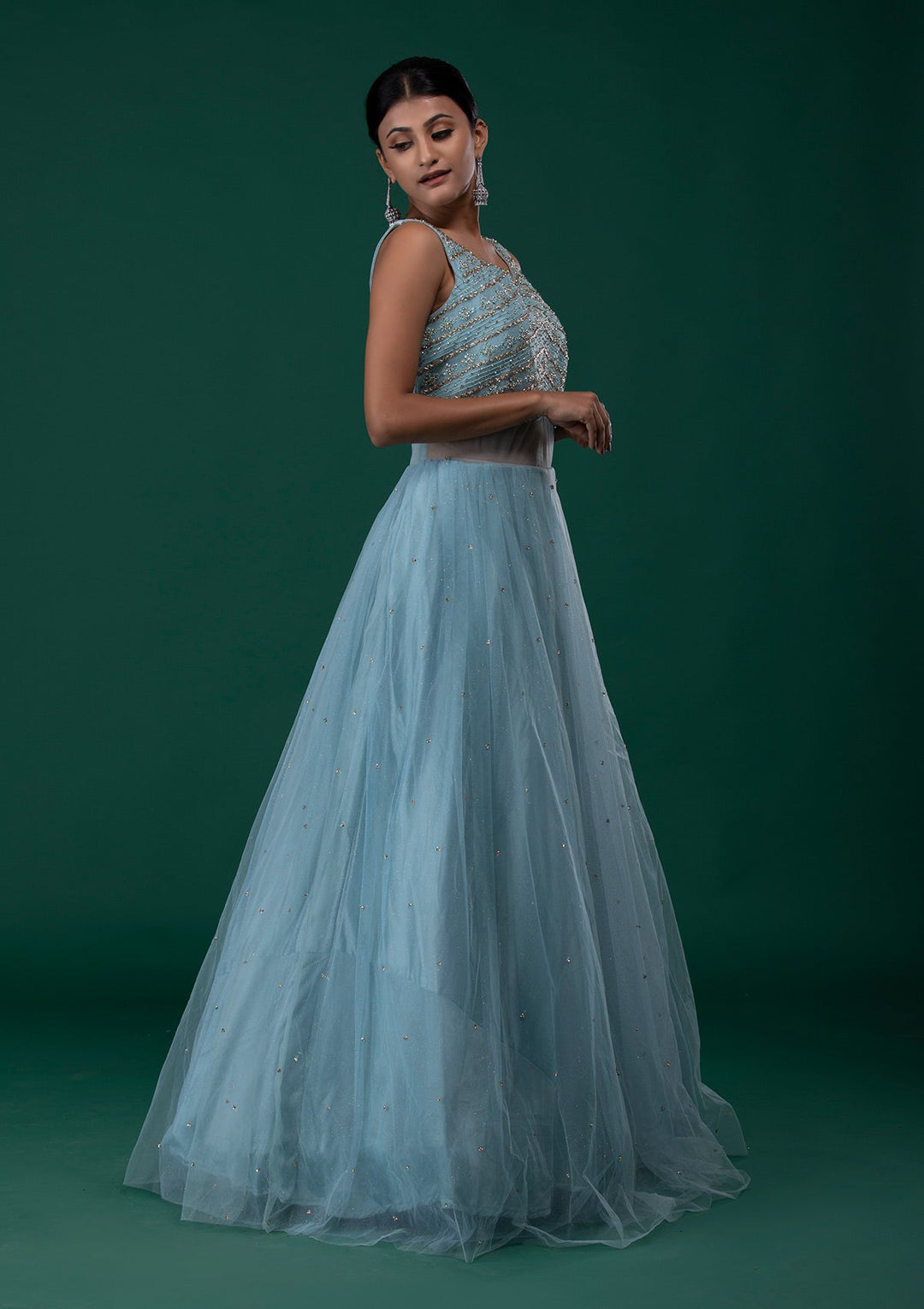 Sea Green Stonework Net Designer Gown-Koskii