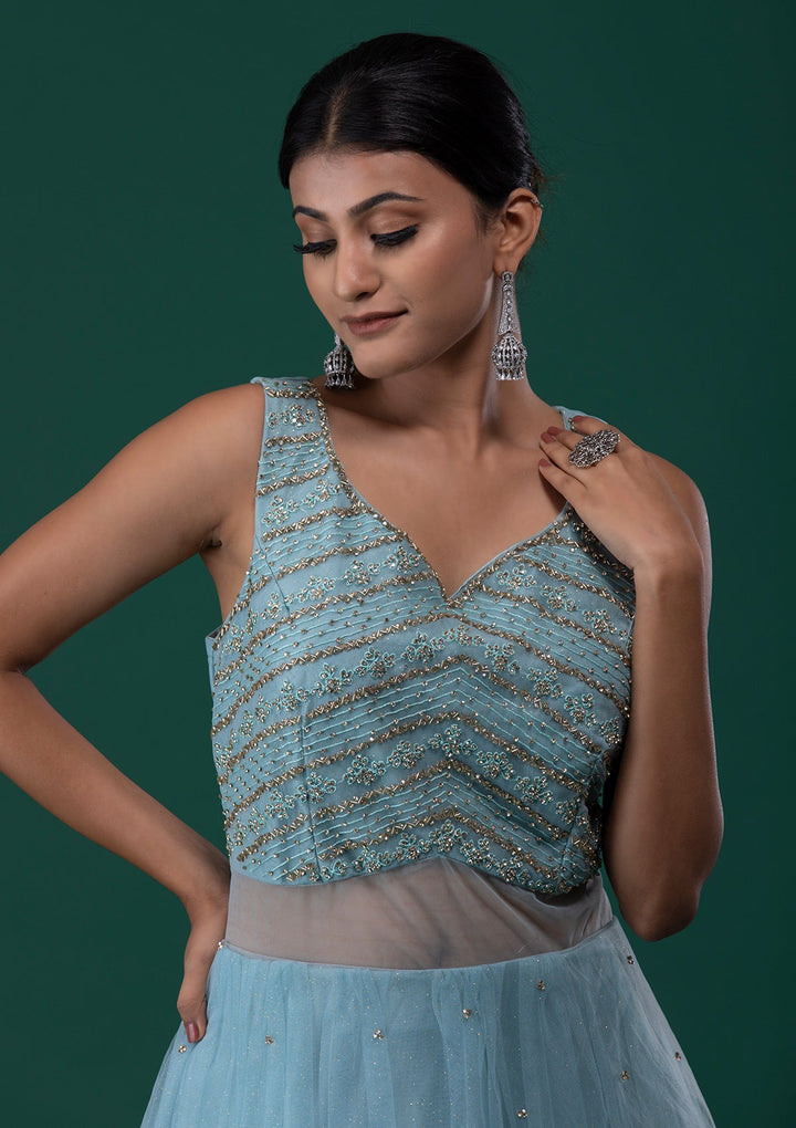 Sea Green Stonework Net Designer Gown-Koskii