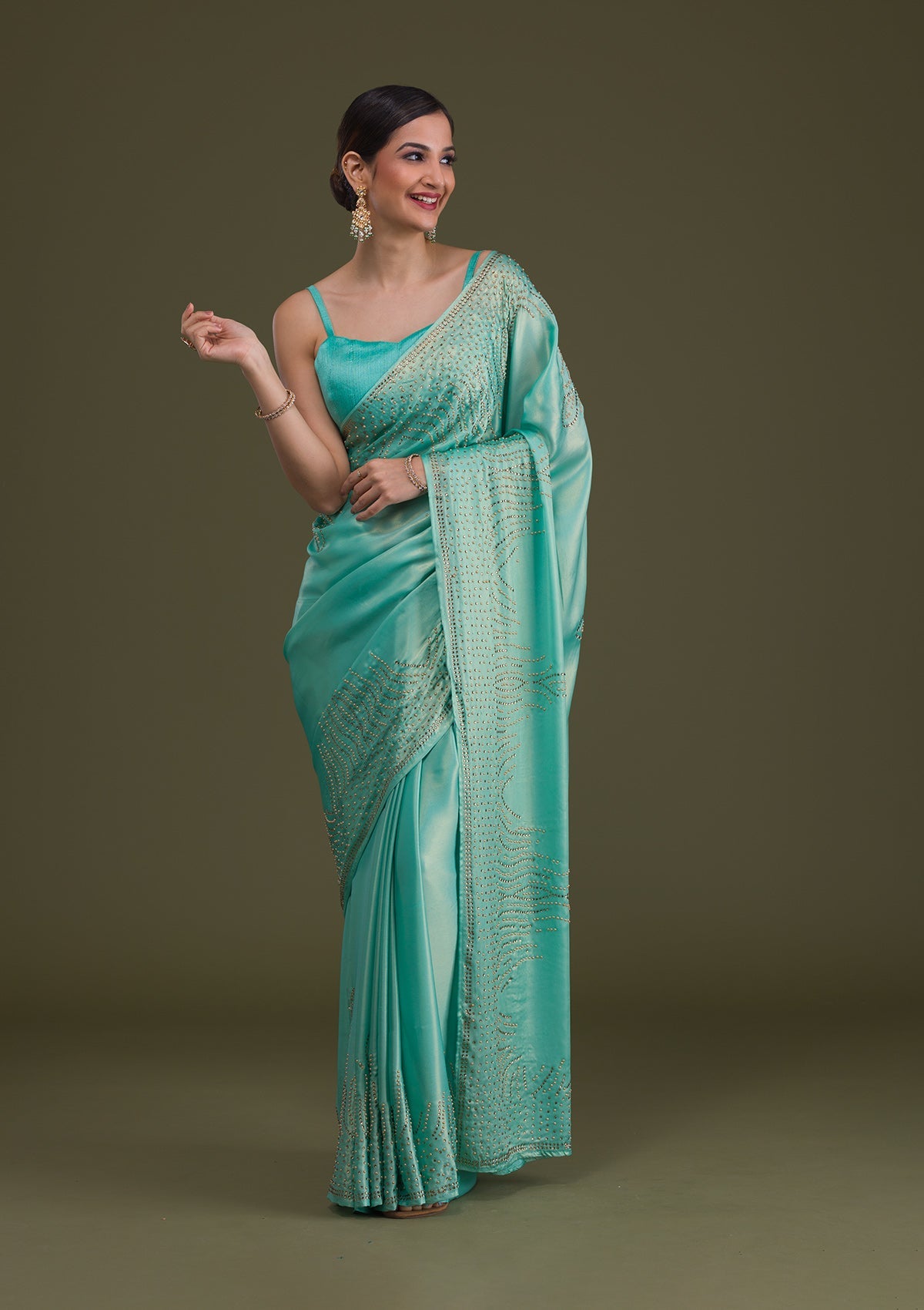Sea Green Stonework Satin Saree-Koskii