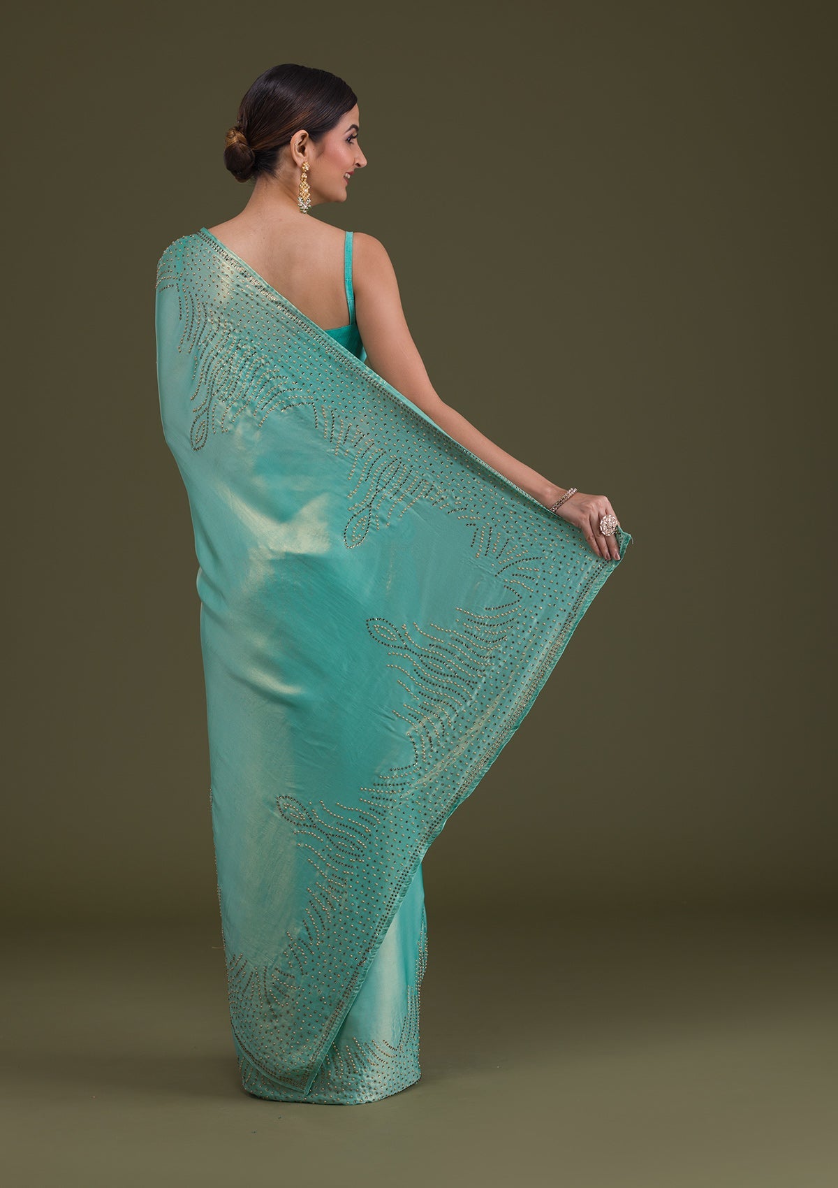 Sea Green Stonework Satin Saree-Koskii