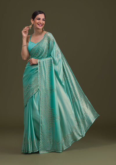 Sea Green Stonework Satin Saree-Koskii