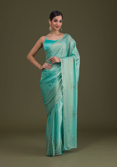 Sea Green Stonework Satin Saree-Koskii