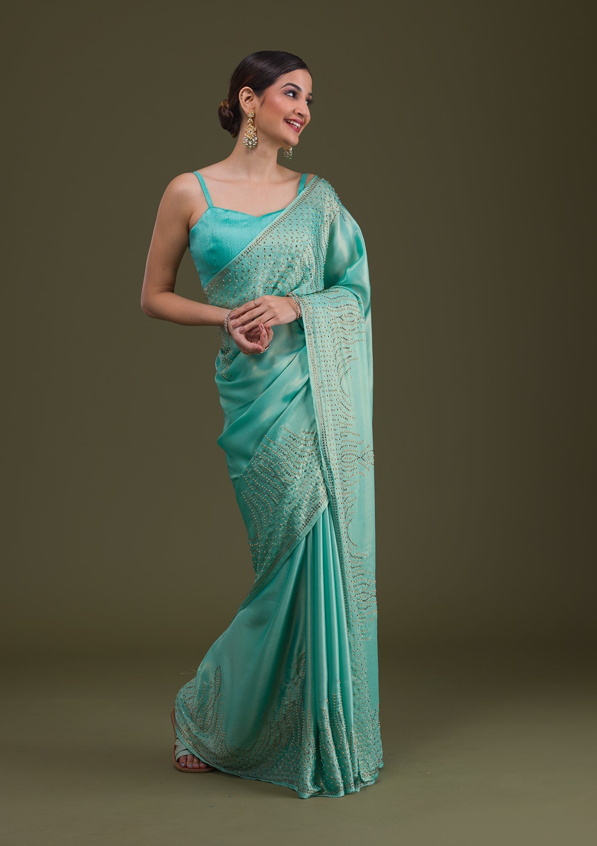 Sea Green Stonework Satin Saree-Koskii