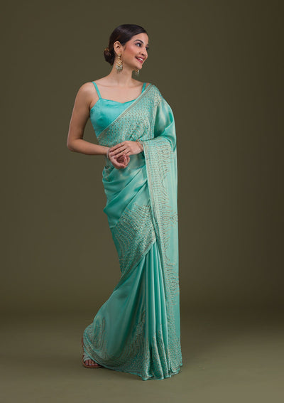 Sea Green Stonework Satin Saree-Koskii