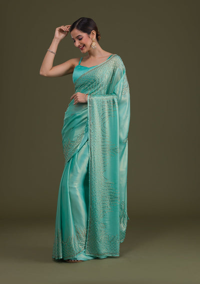 Sea Green Stonework Satin Saree-Koskii