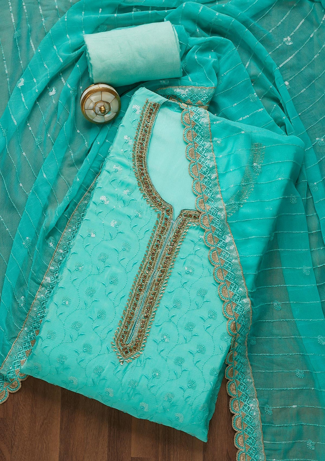 Sea Green Stonework Semi Crepe Unstitched Salwar Suit-Koskii