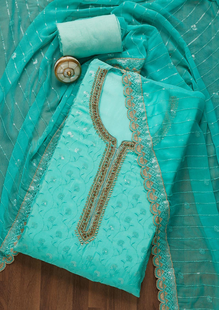 Sea Green Stonework Semi Crepe Unstitched Salwar Suit-Koskii