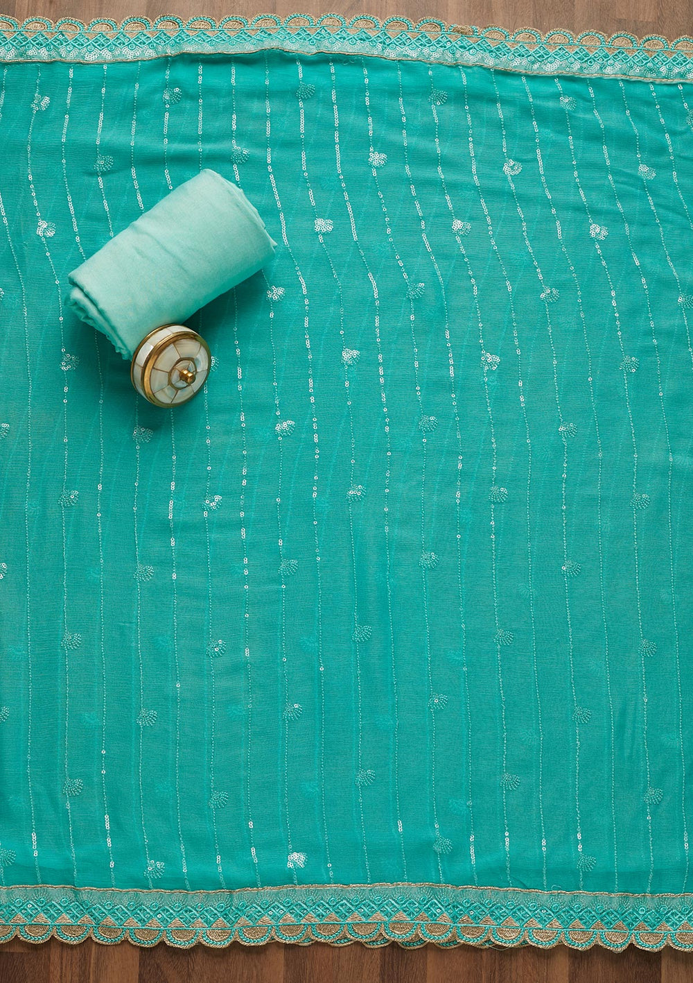 Sea Green Stonework Semi Crepe Unstitched Salwar Suit-Koskii