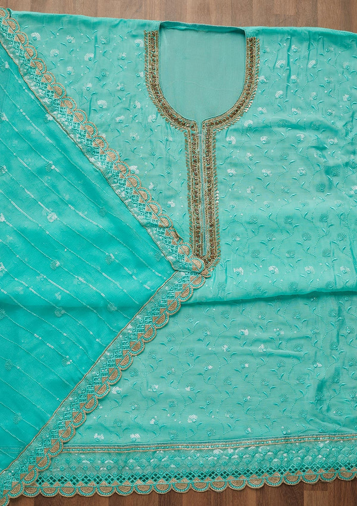 Sea Green Stonework Semi Crepe Unstitched Salwar Suit-Koskii