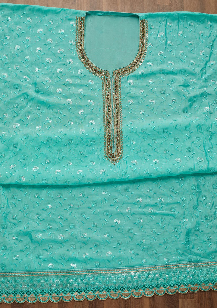 Sea Green Stonework Semi Crepe Unstitched Salwar Suit-Koskii
