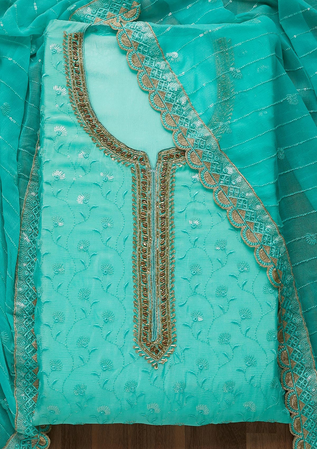 Sea Green Stonework Semi Crepe Unstitched Salwar Suit-Koskii