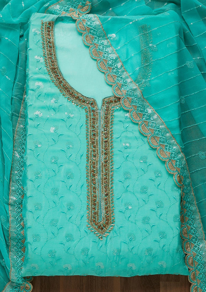 Sea Green Stonework Semi Crepe Unstitched Salwar Suit-Koskii