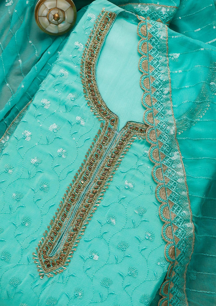 Sea Green Stonework Semi Crepe Unstitched Salwar Suit-Koskii