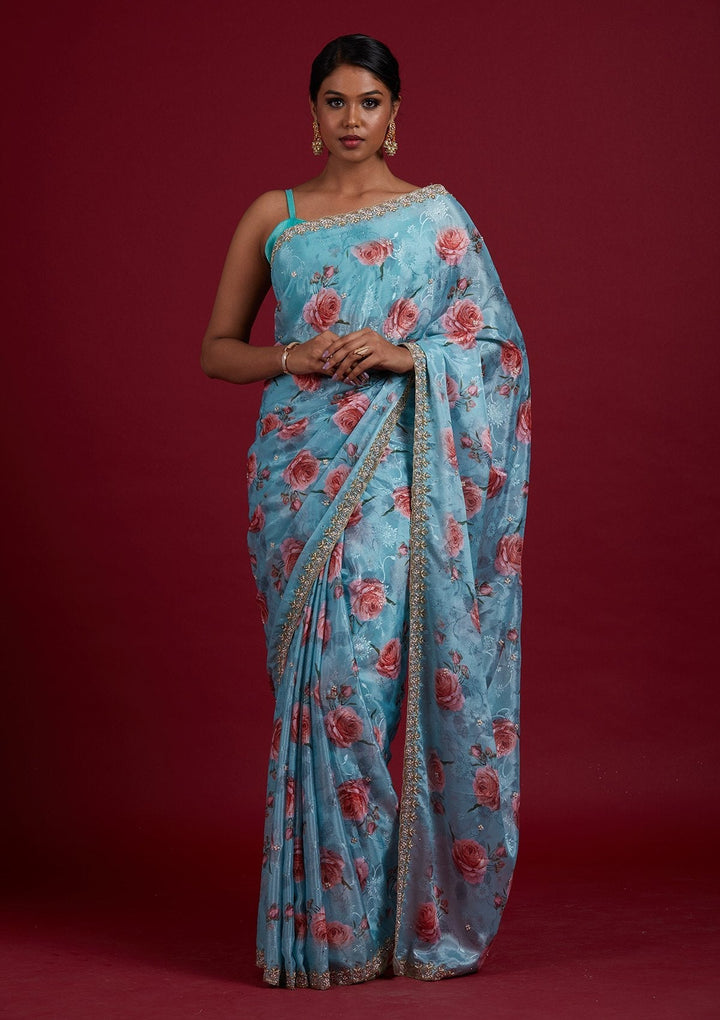 Sea Green Stonework Semi Crepe Designer Saree - Koskii