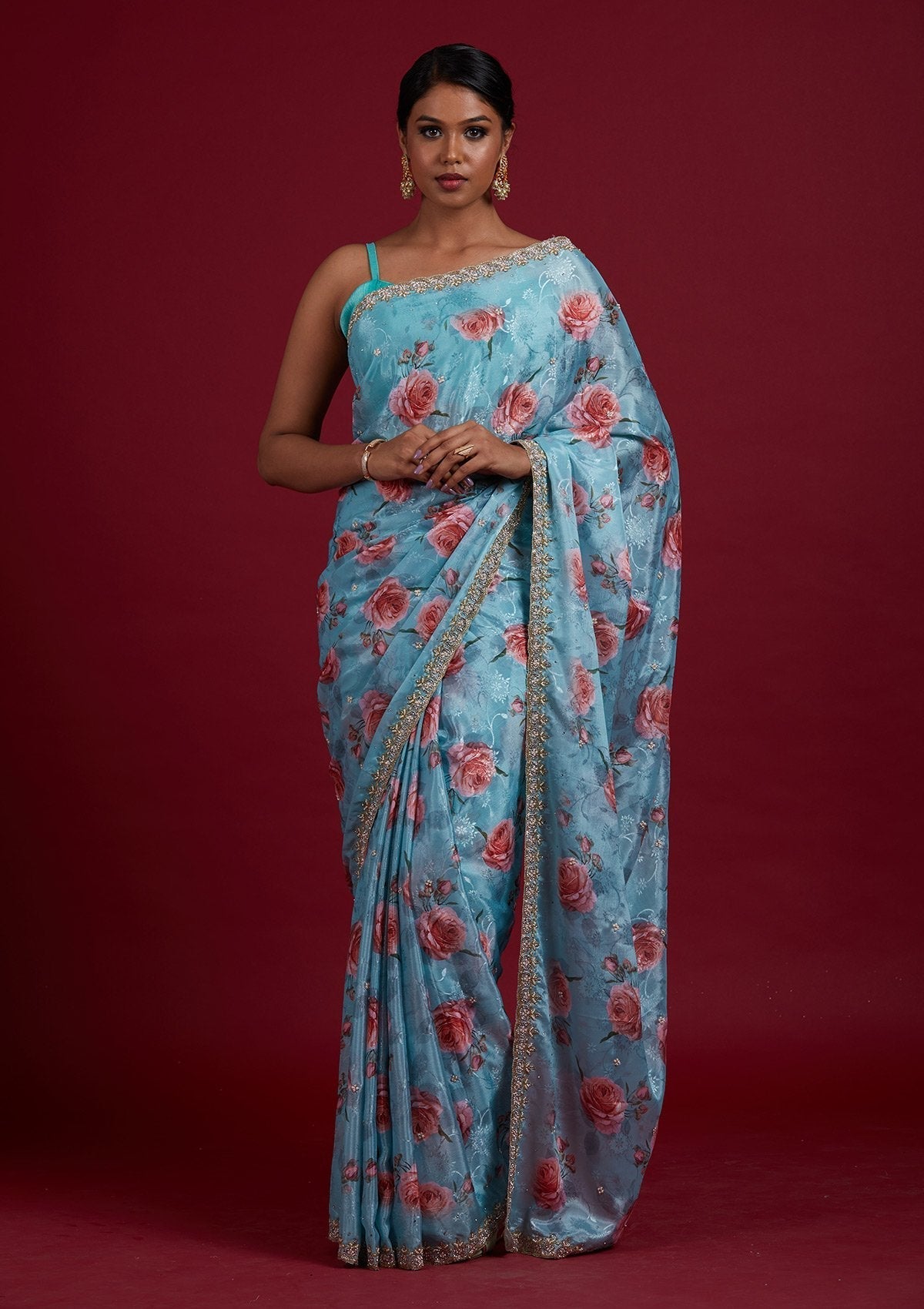 Sea Green Stonework Semi Crepe Designer Saree - Koskii