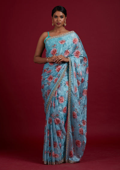 Sea Green Stonework Semi Crepe Designer Saree - Koskii