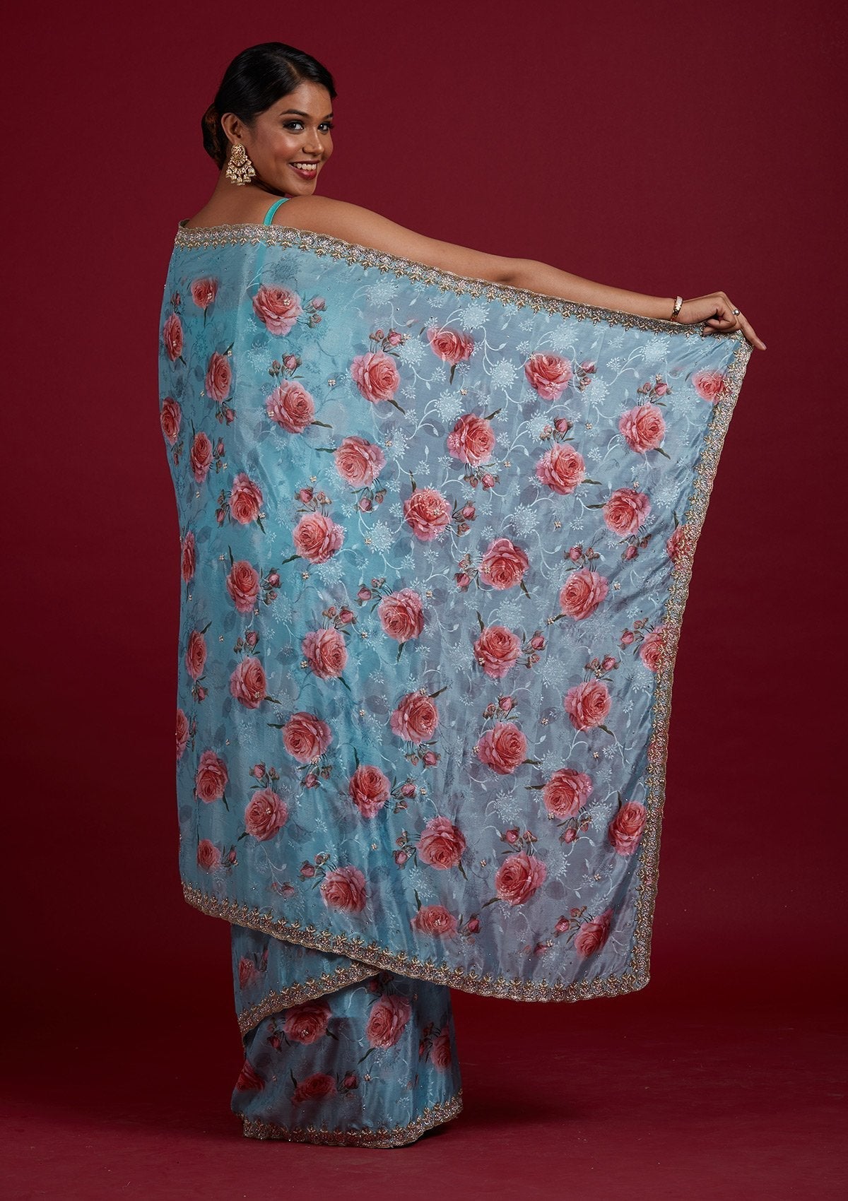 Sea Green Stonework Semi Crepe Designer Saree - Koskii