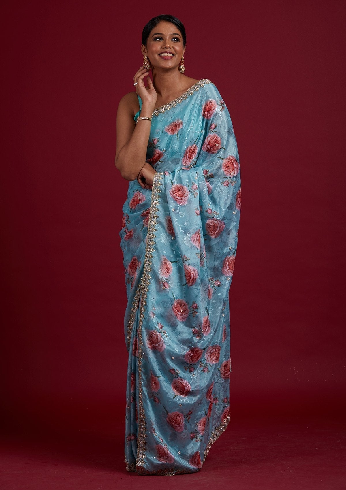 Sea Green Stonework Semi Crepe Designer Saree - Koskii