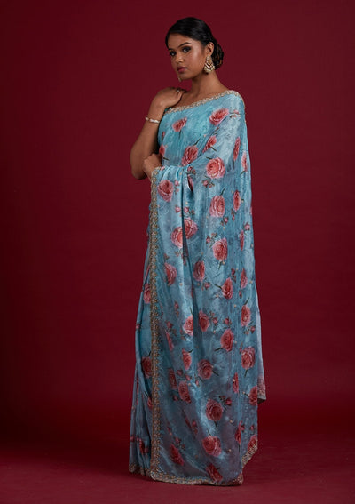 Sea Green Stonework Semi Crepe Designer Saree - Koskii