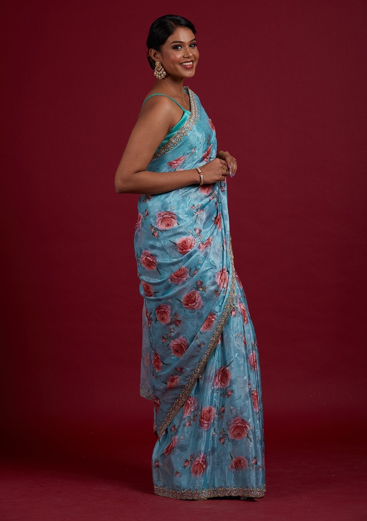 Sea Green Stonework Semi Crepe Designer Saree - Koskii
