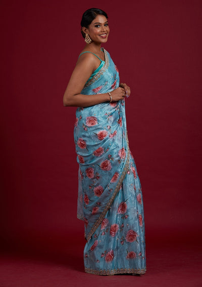 Sea Green Stonework Semi Crepe Designer Saree - Koskii