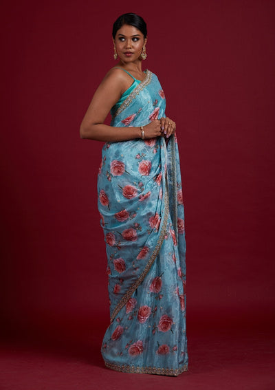 Sea Green Stonework Semi Crepe Designer Saree - Koskii