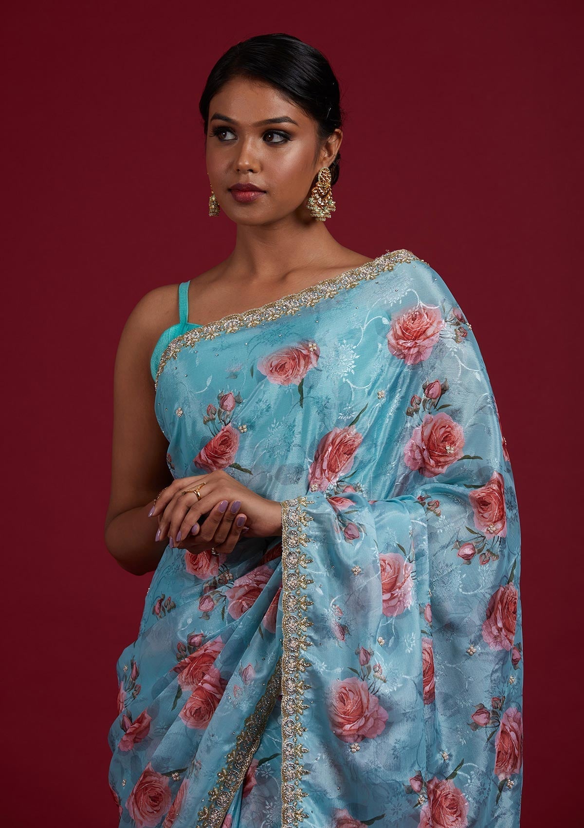 Sea Green Stonework Semi Crepe Designer Saree - Koskii