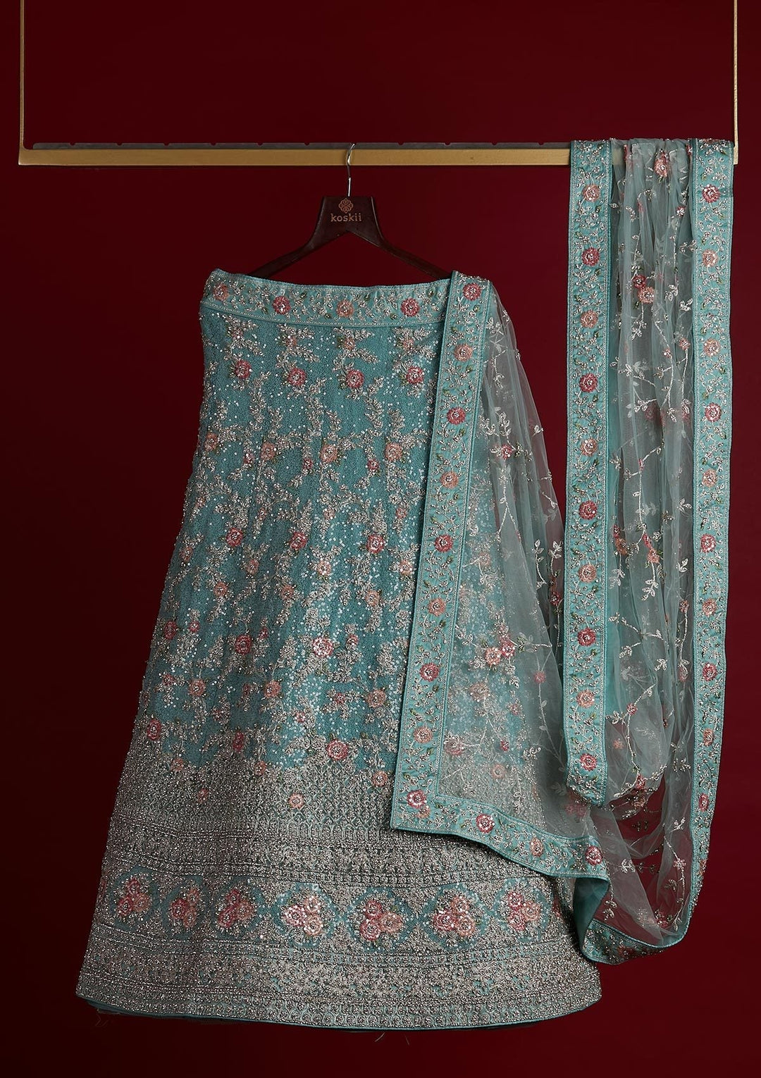 Sea Green Stonework Velvet Designer Semi-Stitched Lehenga - koskii