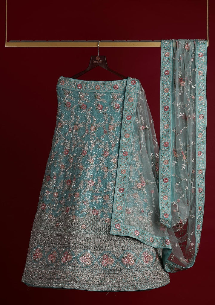 Sea Green Stonework Velvet Designer Semi-Stitched Lehenga - koskii