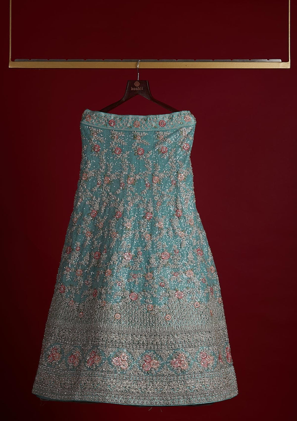 Sea Green Stonework Velvet Designer Semi-Stitched Lehenga - koskii