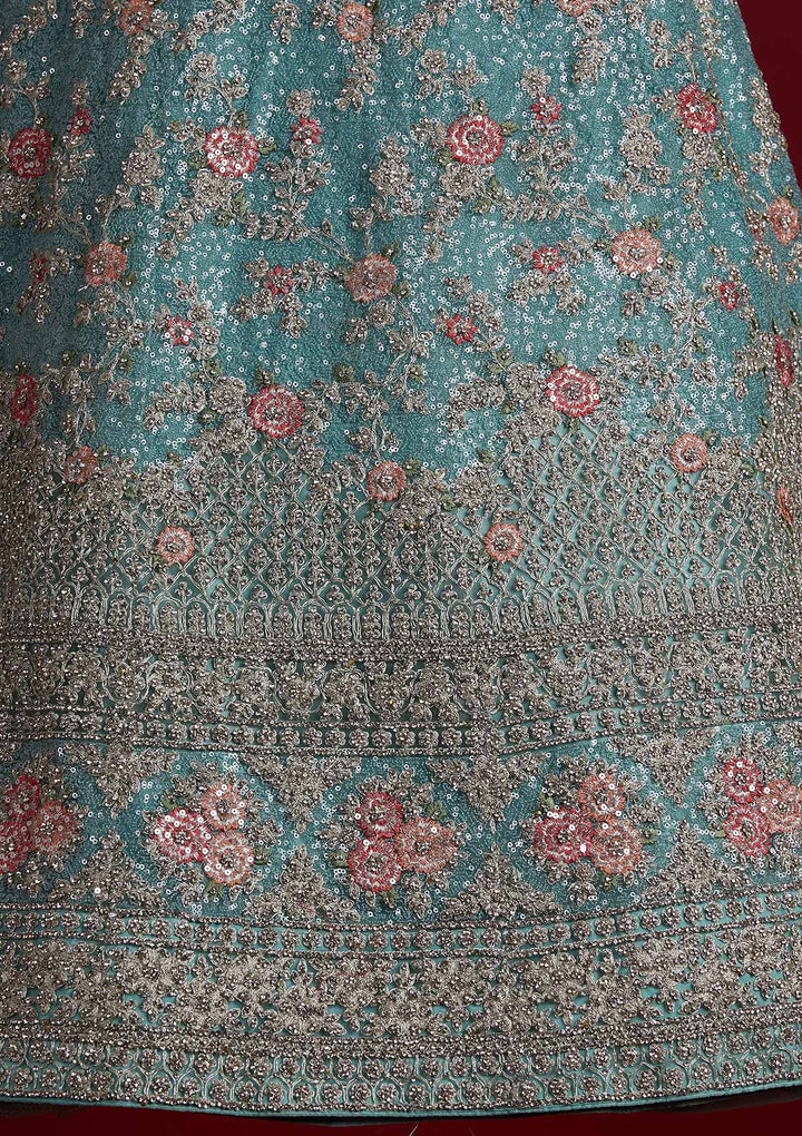Sea Green Stonework Velvet Designer Semi-Stitched Lehenga - koskii