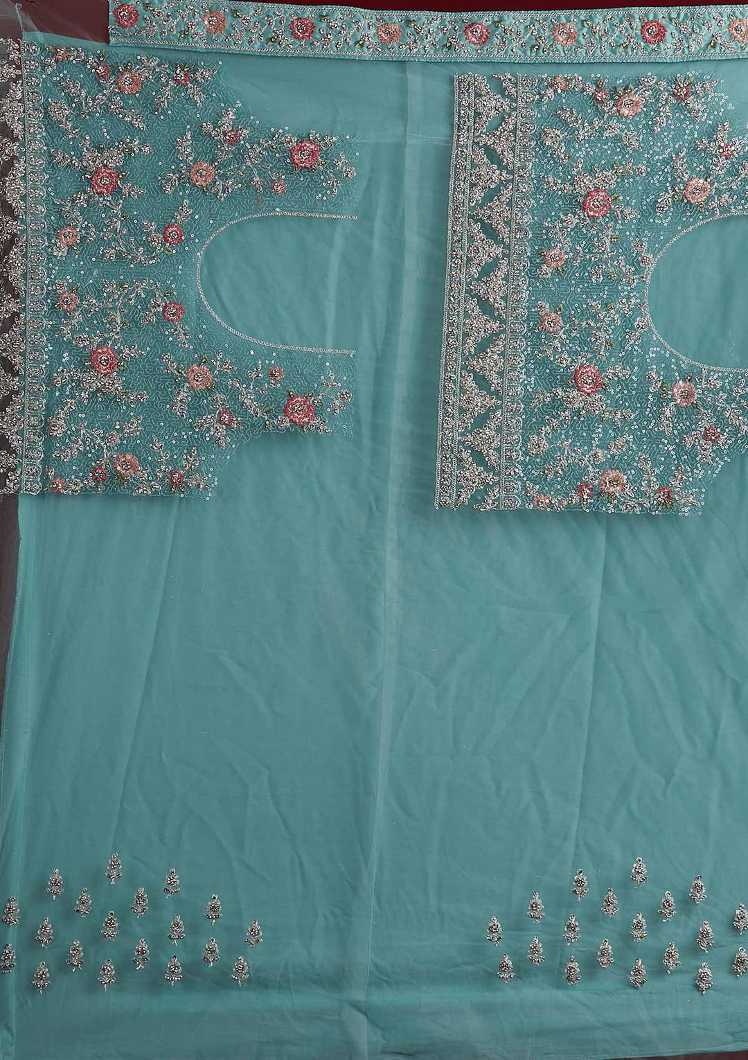 Sea Green Stonework Velvet Designer Semi-Stitched Lehenga - koskii