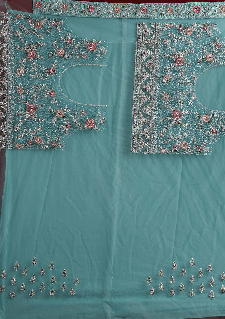 Sea Green Stonework Velvet Designer Semi-Stitched Lehenga - koskii