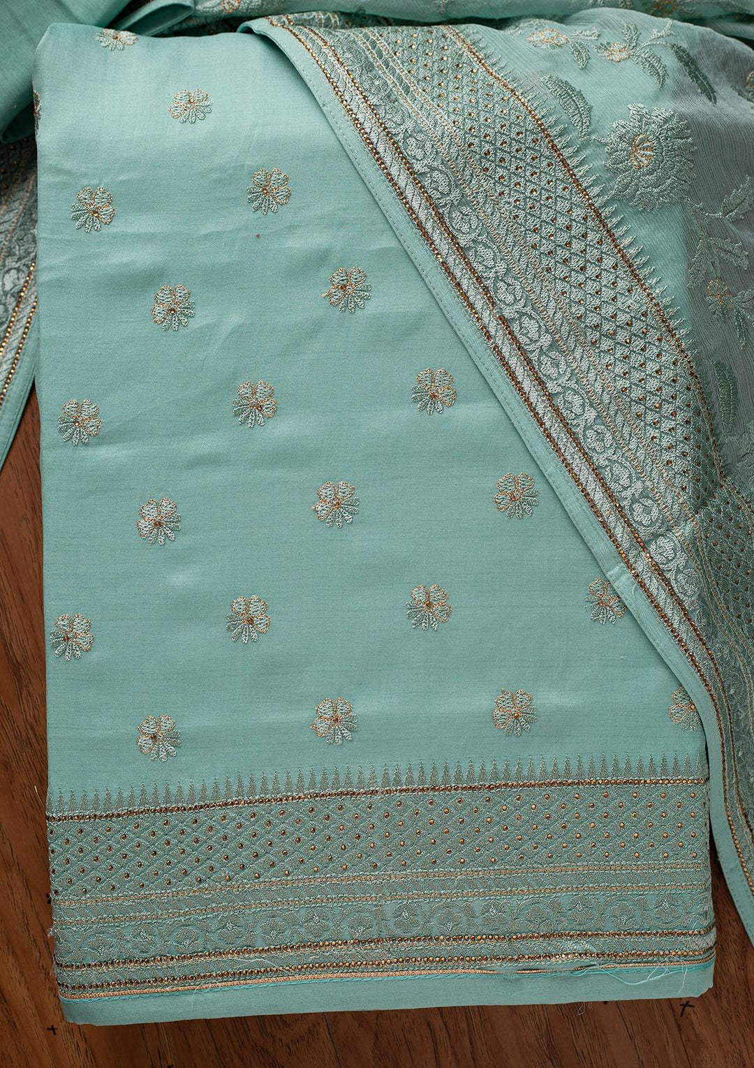 Sea Green Swarovski Chanderi Designer Unstitched Salwar Suit - koskii