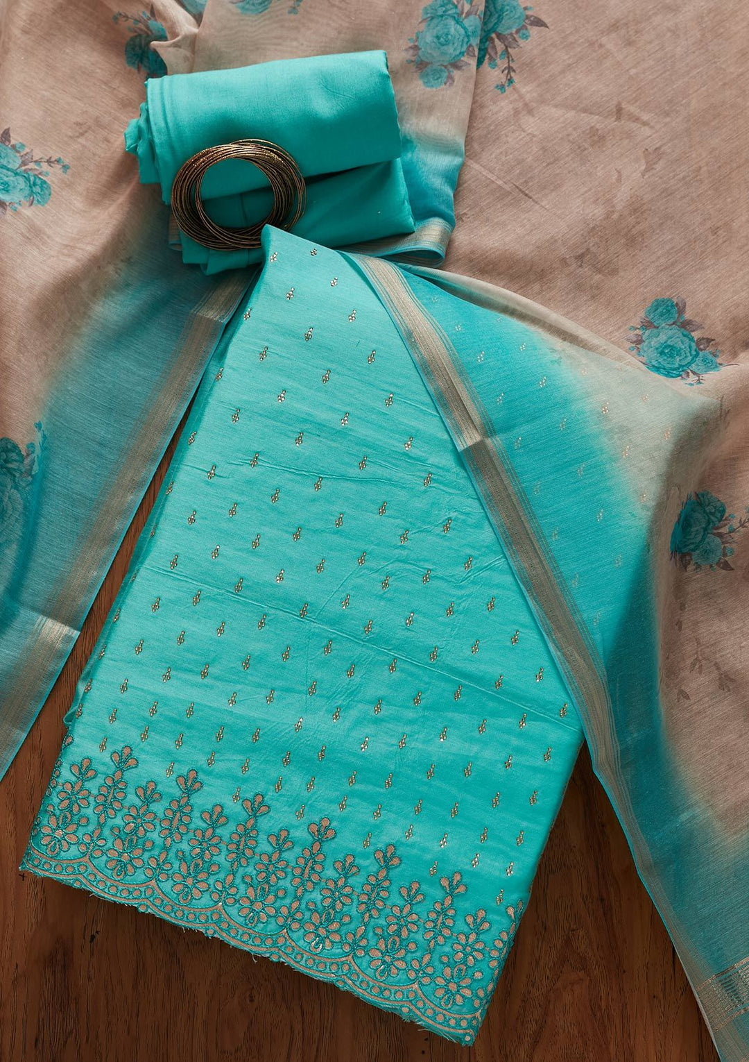 Sea Green Swarovski Chanderi Designer Unstitched Salwar Suit - koskii