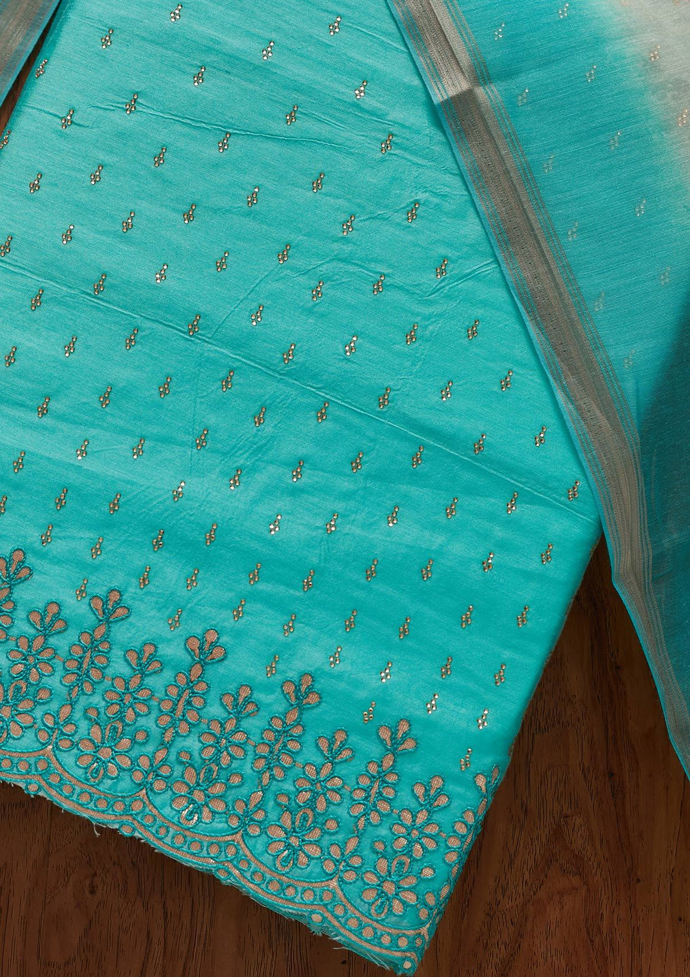 Sea Green Swarovski Chanderi Designer Unstitched Salwar Suit - koskii