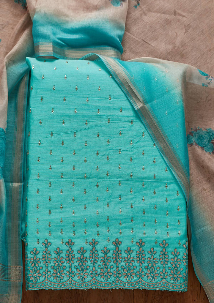 Sea Green Swarovski Chanderi Designer Unstitched Salwar Suit - koskii