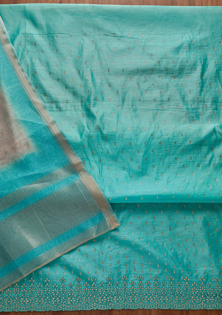 Sea Green Swarovski Chanderi Designer Unstitched Salwar Suit - koskii