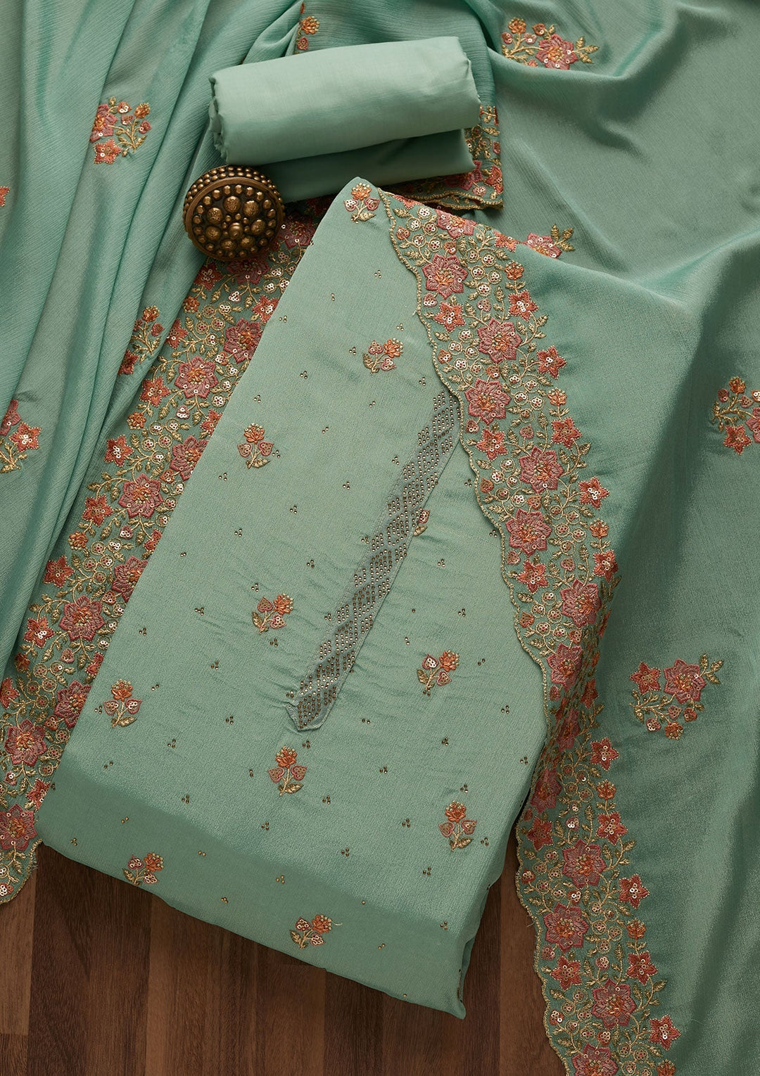 Sea Green Swarovski Georgette Unstitched Salwar Suit-Koskii