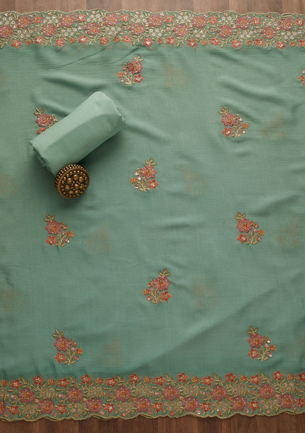 Sea Green Swarovski Georgette Unstitched Salwar Suit-Koskii