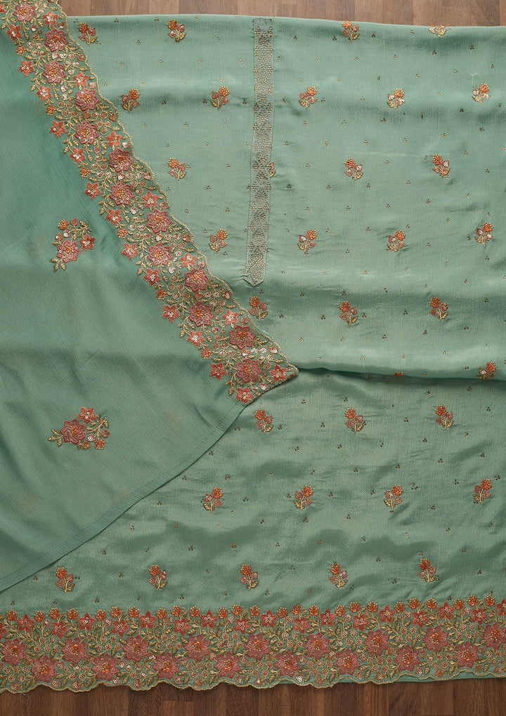 Sea Green Swarovski Georgette Unstitched Salwar Suit-Koskii