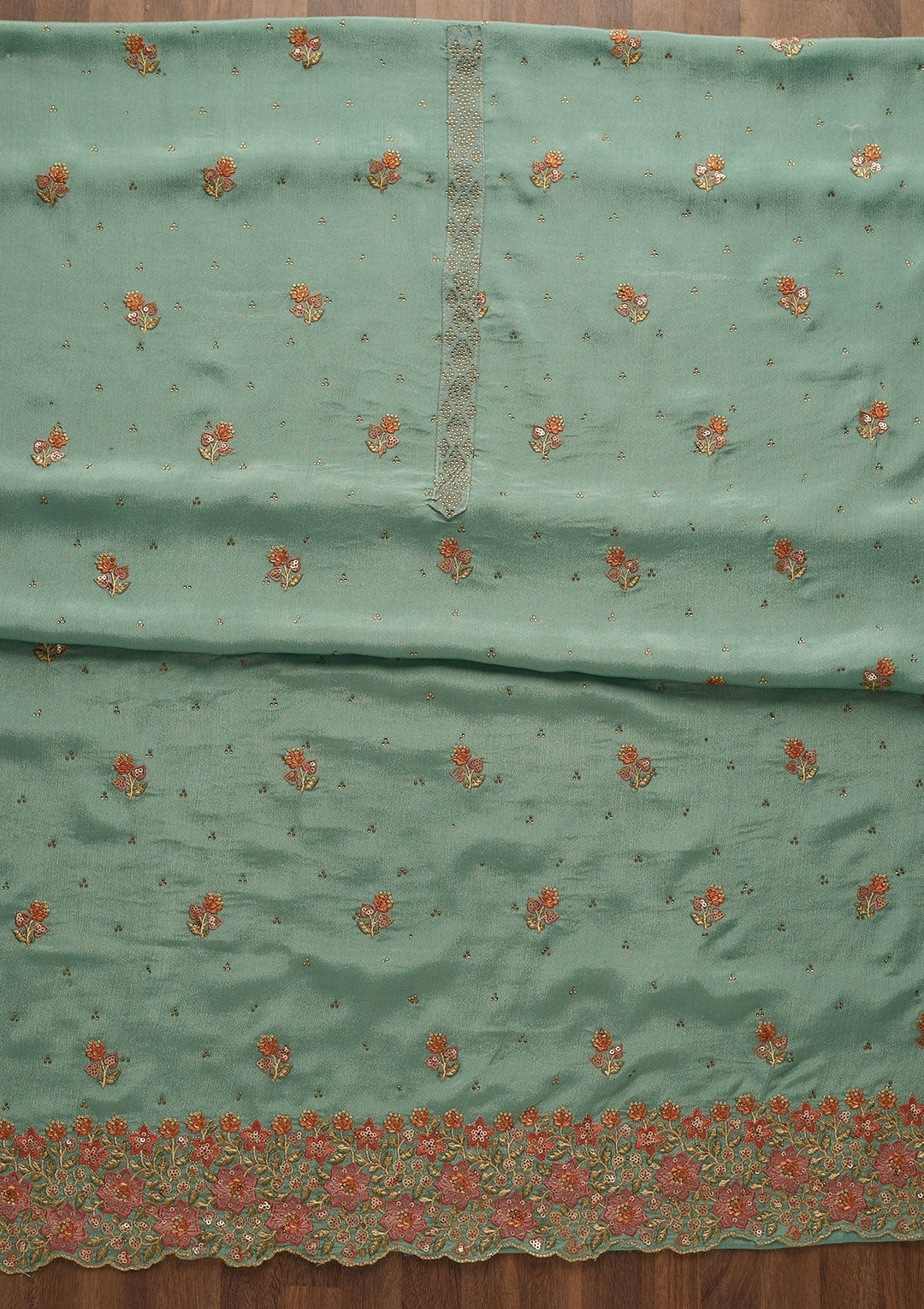 Sea Green Swarovski Georgette Unstitched Salwar Suit-Koskii