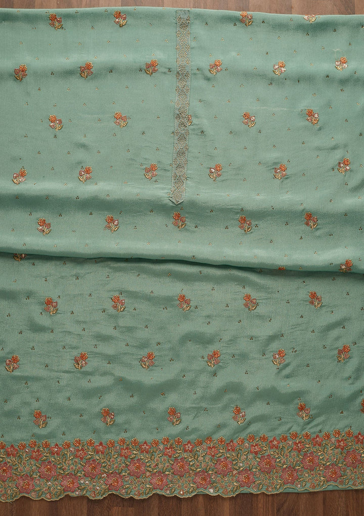 Sea Green Swarovski Georgette Unstitched Salwar Suit-Koskii