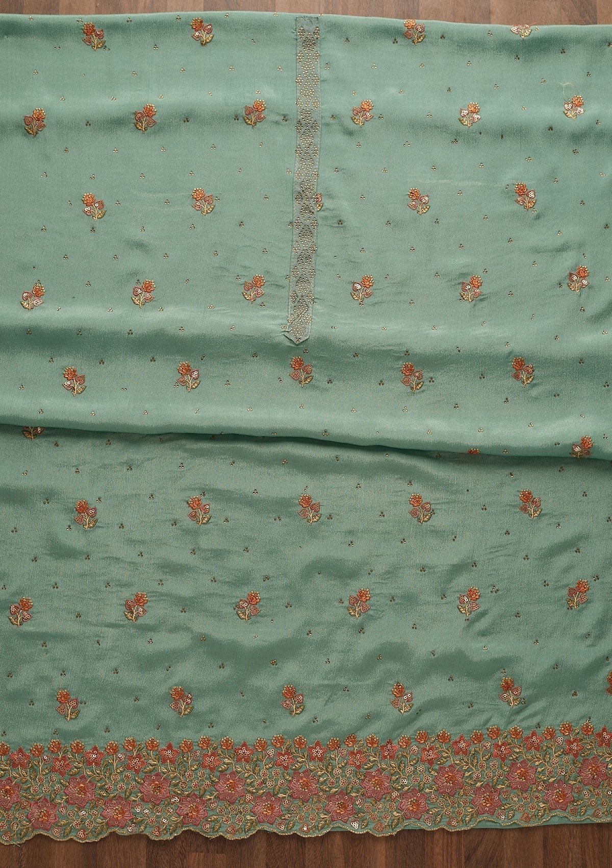 Sea Green Swarovski Georgette Unstitched Salwar Suit-Koskii