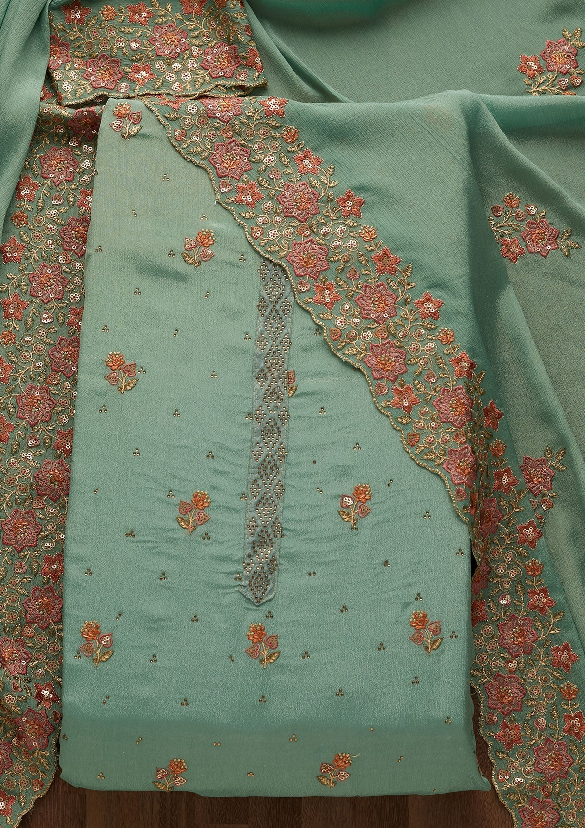 Sea Green Swarovski Georgette Unstitched Salwar Suit-Koskii