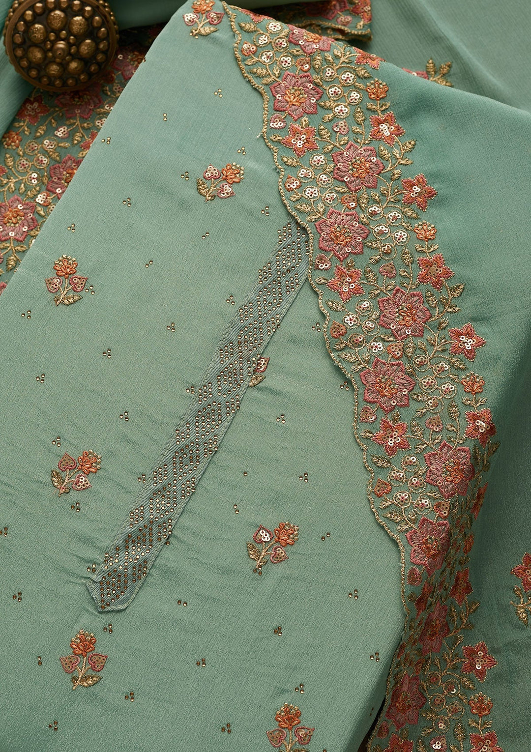 Sea Green Swarovski Georgette Unstitched Salwar Suit-Koskii
