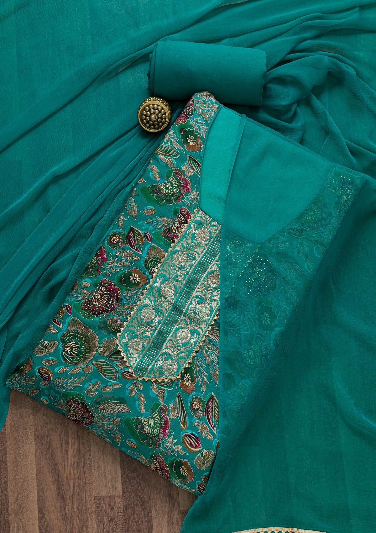 Sea Green Semi Crepe Swarovski Unstitched Salwar Suit-koskii