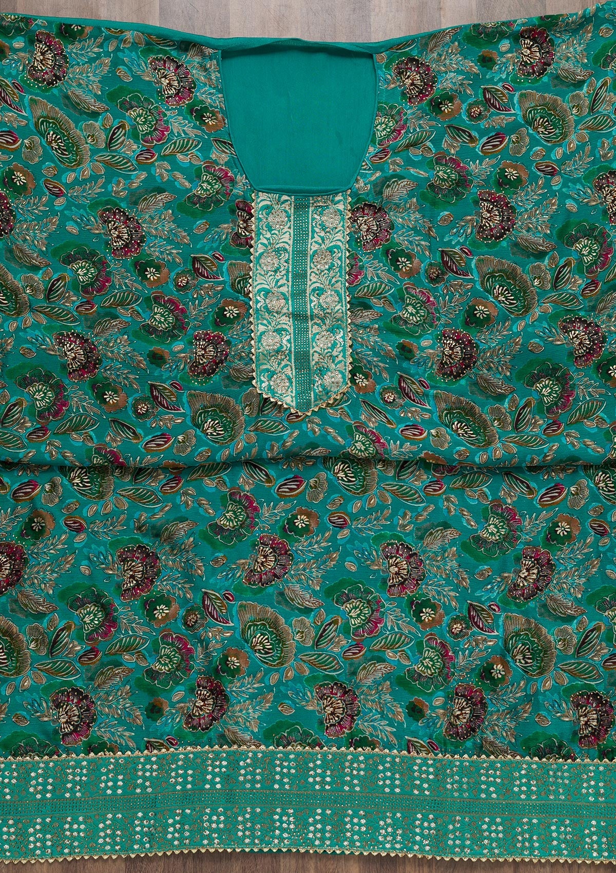 Sea Green Semi Crepe Swarovski Unstitched Salwar Suit-koskii