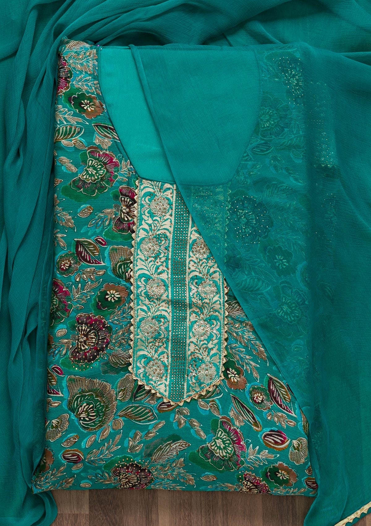 Sea Green Semi Crepe Swarovski Unstitched Salwar Suit-koskii